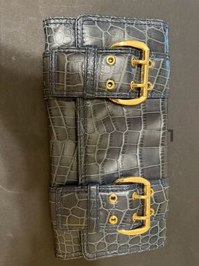 Michael Kors Navy Croc-Embossed Foldover Clutch with Gold Snap
